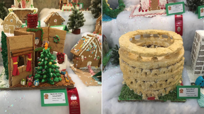 Side-by-side pictures of NHMS students' gingerbread houses.