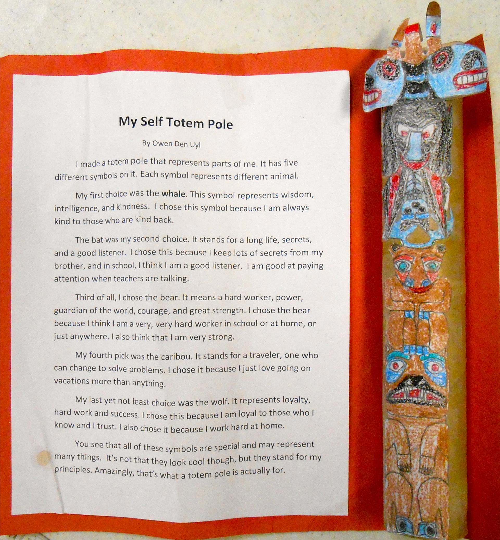 Students create mini-totem poles with explanation of symbols.
