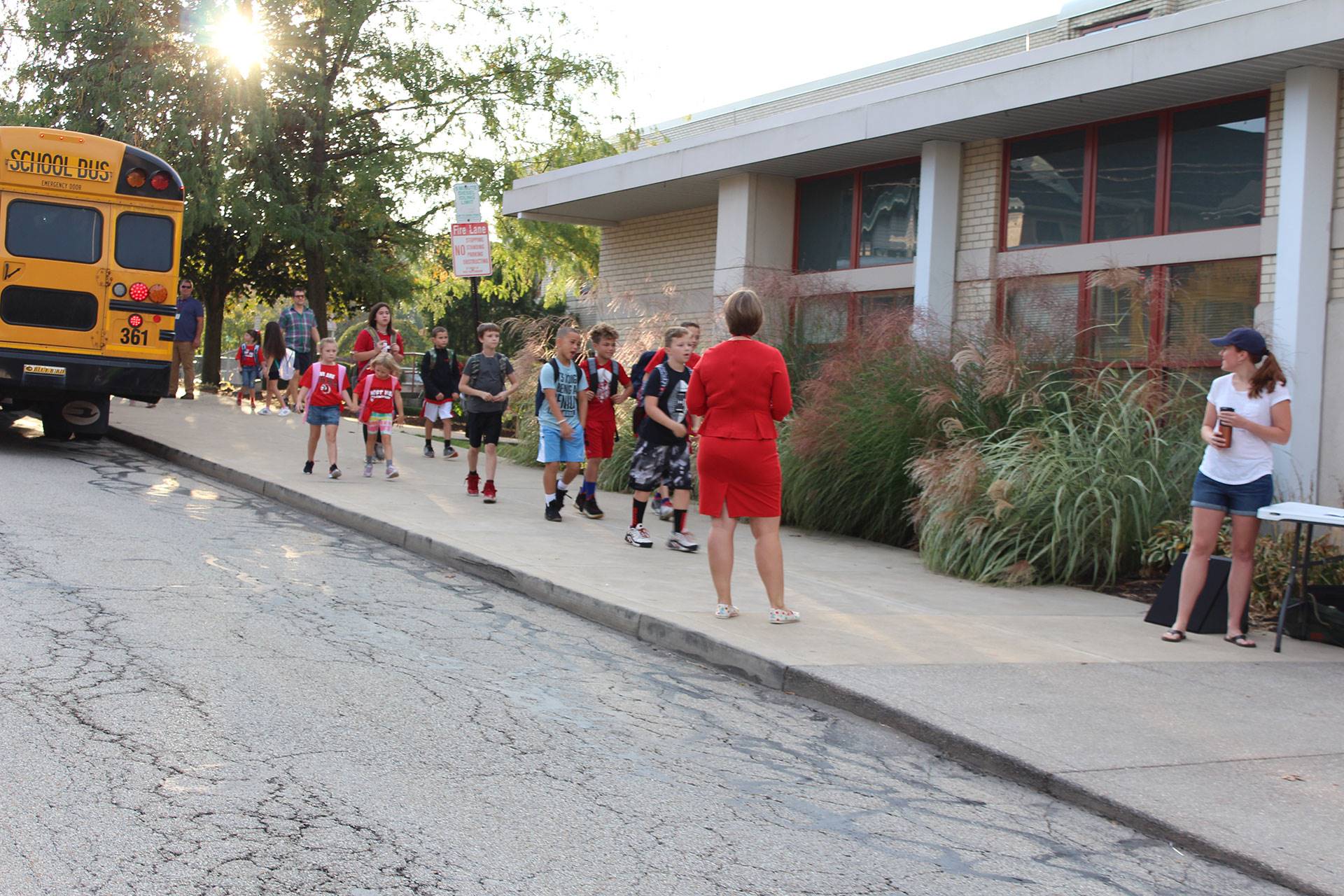 Students walking into West View Elementary School on International Walk to School Day
