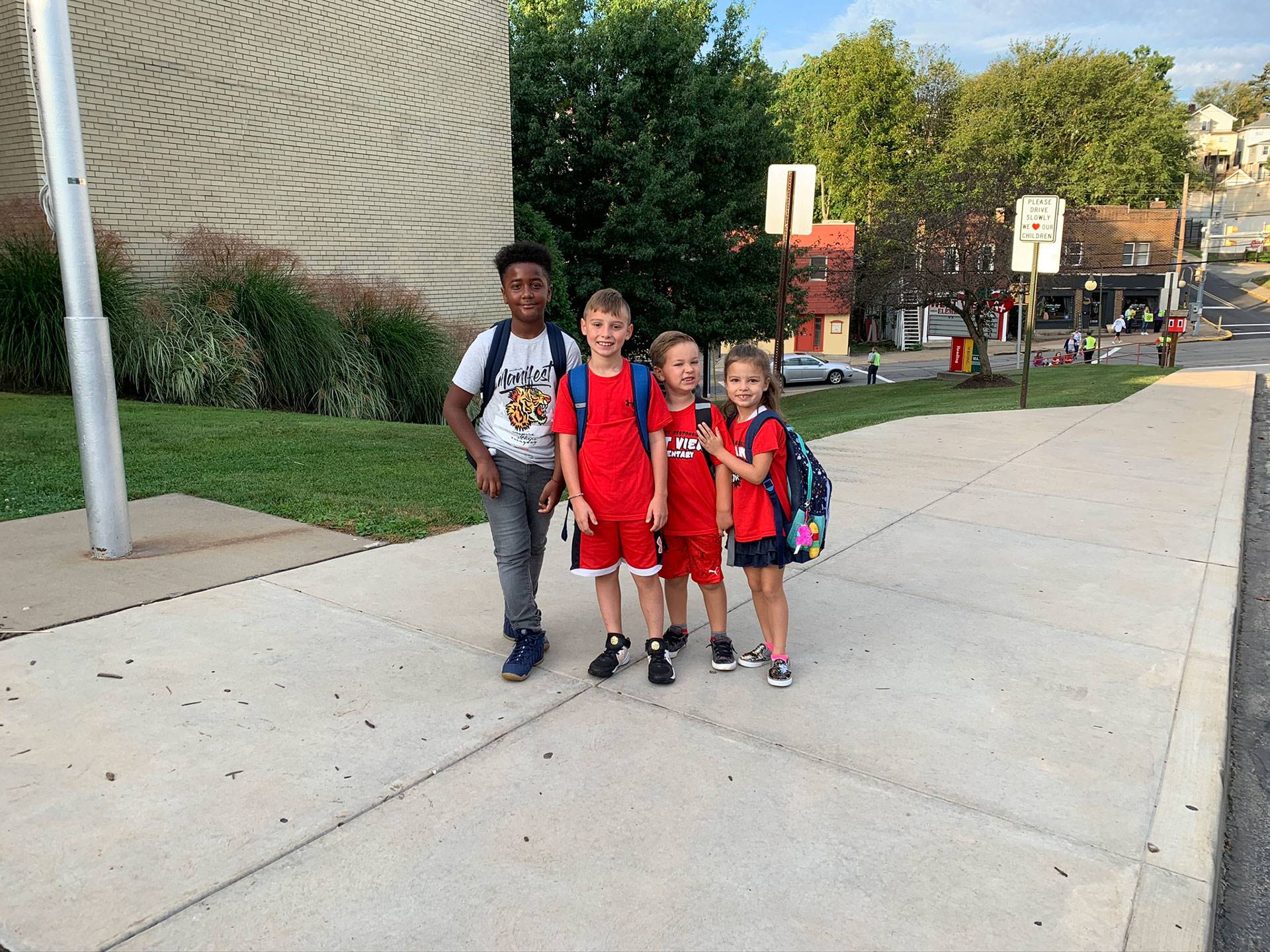 West View students walking to school on International Walk to School Day on Oct. 2, 2019
