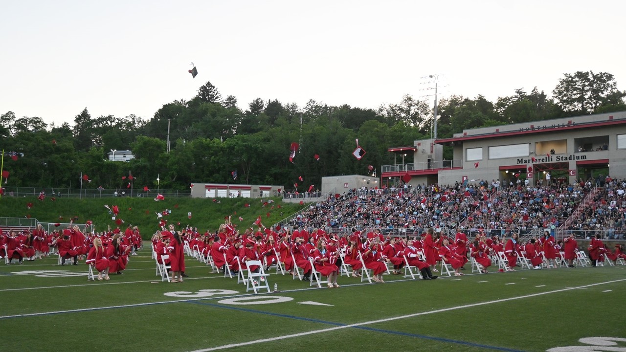 Class of 2022 graduates tossing their caps at commencement