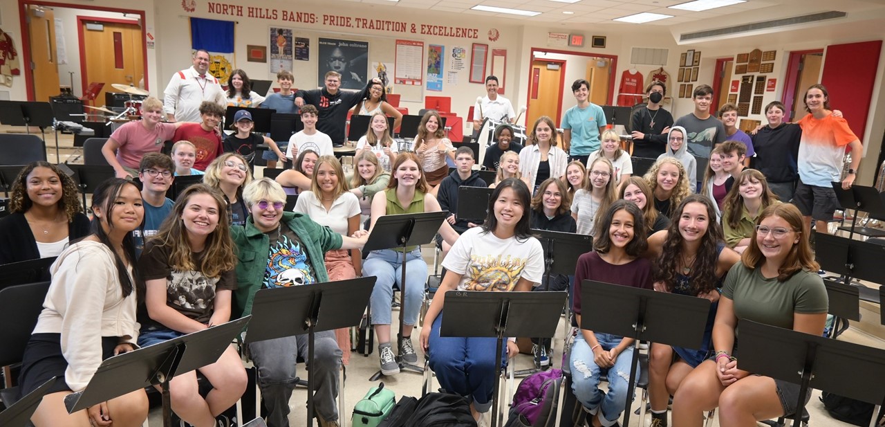 Students in the high school band room
