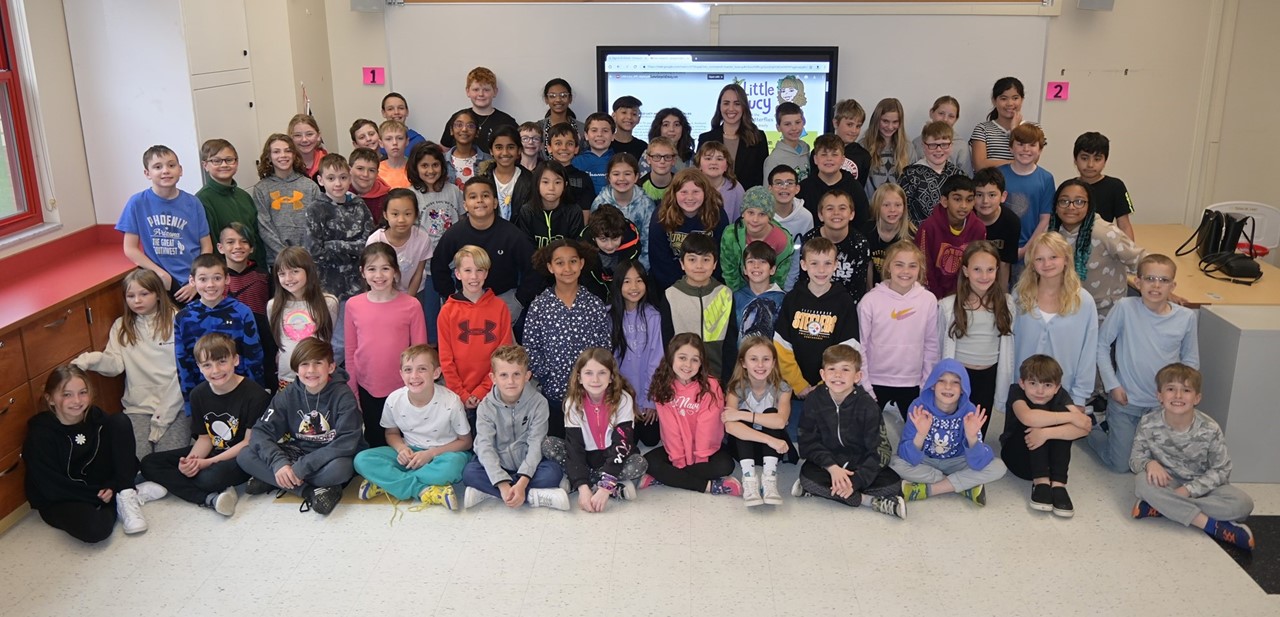 Jordan of Listen, Lucy with McIntyre fourth graders